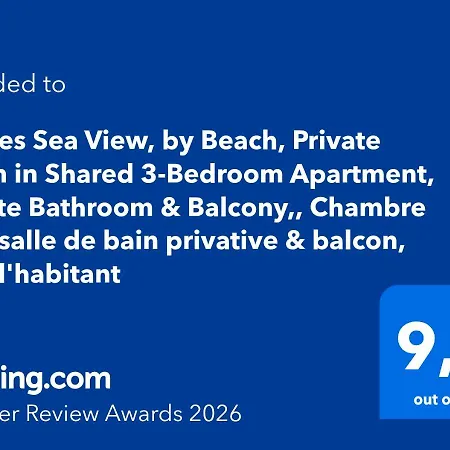Sea View, By Beach, Private In Shared 3-bedroom Apartment, Private Bathroom & Balcony,, Avec Salle De Bain Privative & Balcon, Quarto em Acomodações Particulares